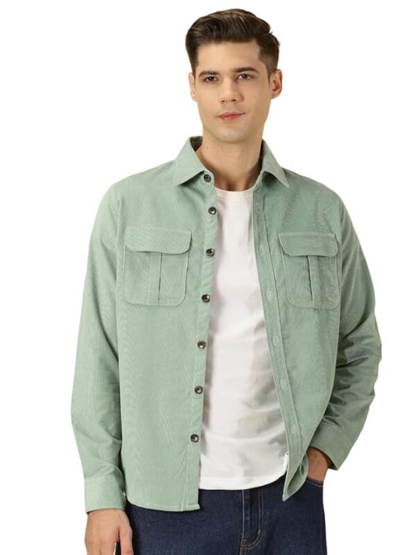 Green Men's Cotton Slim Fit Premium Corduroy Long Sleeve | Double Pocket | Spread Collar |Casual Shirt