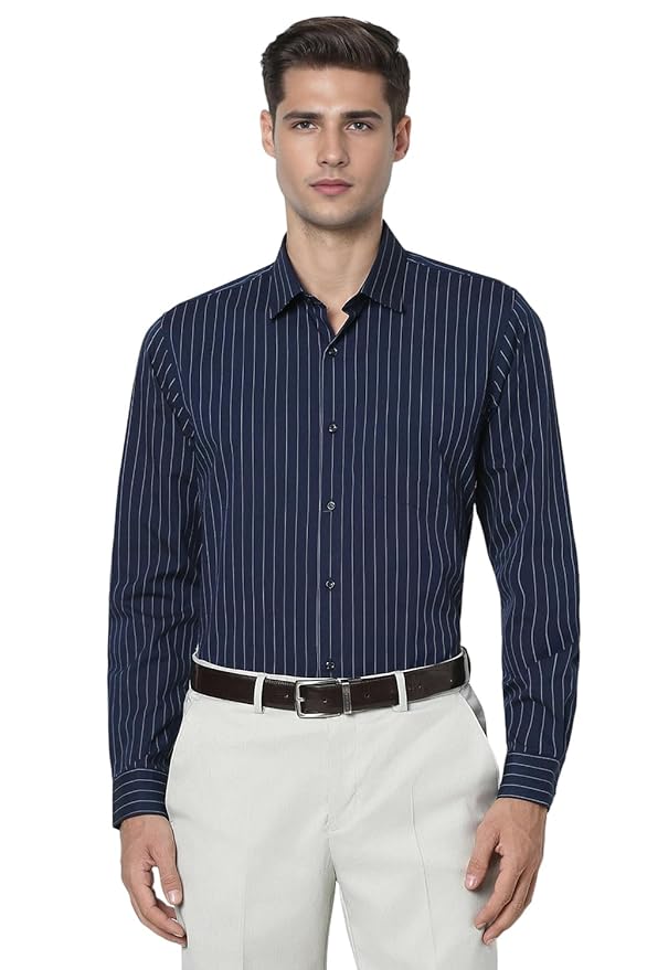 Men's Slim Fit Full Sleeve Striped Formal Shirt | Cotton Rich | Wonder Fabric | Pin Point Oxford(Navy)