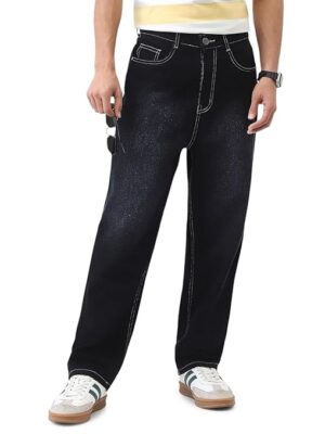 Black Men's Loose Baggy Fit Washed Jeans Non-Stretchable