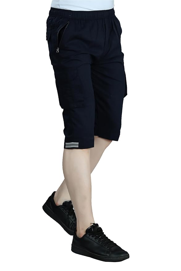 Men Cotton Regular Fit Solid Knee Length Short | 2 Zipper Pocket | 4 Button Pockets (Navy)