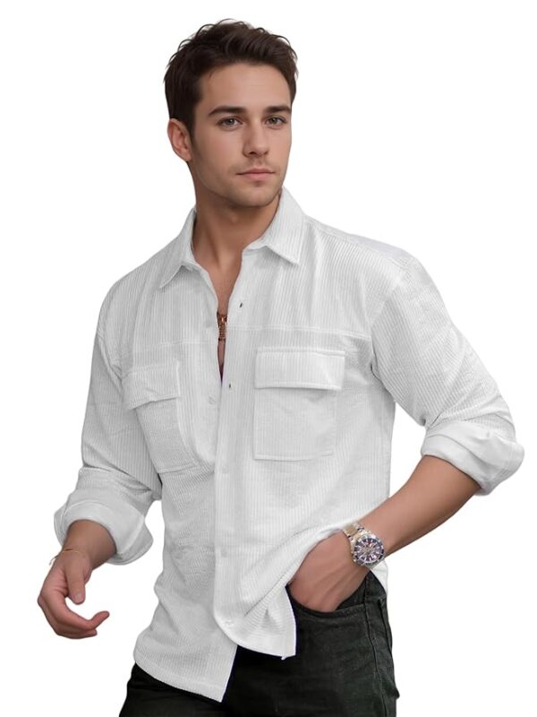 Men's Regular Fit Fancy Double Pocket Casual Shirt for Men Full Sleeves - Cargo(White)