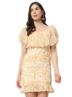Women's Floral Ruched Mini Dress | Off-Shoulder Ruffle Neckline | Fully Lined Short Dress (Cream)