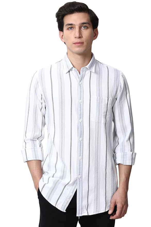 Men's Linen Blend Shirt | Subtle Stripes | Full Sleeves(White)