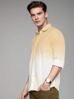 Men's Cotton Shirt with Full Sleeves Spread Collar Classic Style Solid Pattern Regular Fit and Standard Length(Yellow)