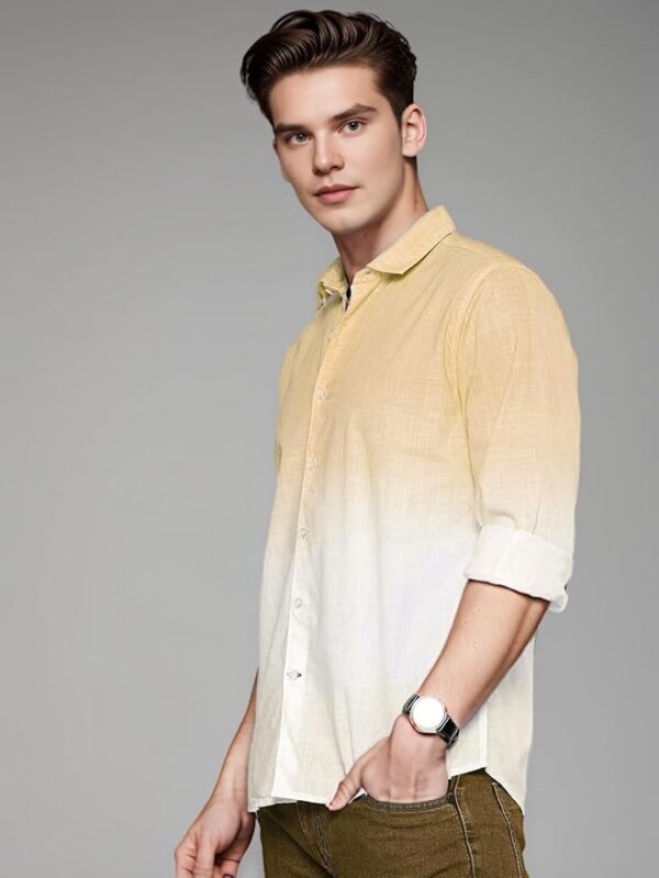 Men's Cotton Shirt with Full Sleeves Spread Collar Classic Style Solid Pattern Regular Fit and Standard Length(Yellow)