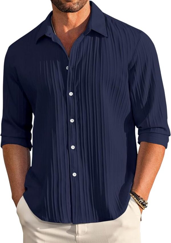 Men's Casual Cotton Plain Button Down Shirt Long Sleeve Textured Summer Beach Shirt for Men(Navy)