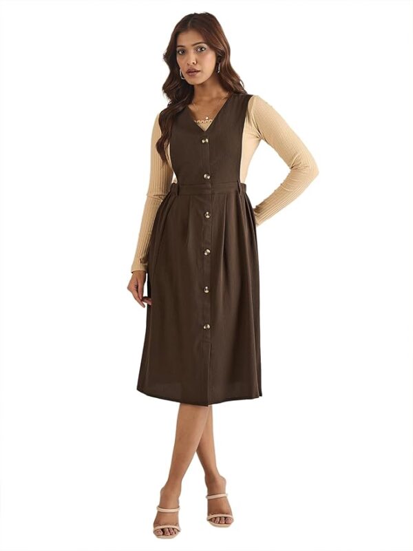 Women Solid Pinafore Dress with Button(Brown)