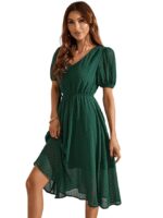 Green Women's Short One Piece A-Line Midi Dress | Daily Casual Outfit Western Dresses for Women | Short Sleeve Dress