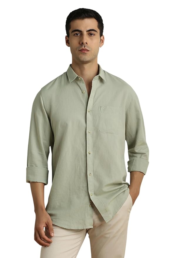 Men's Solid Linen Blend Shirt | Casual Wear | Full Sleeves(Olive)