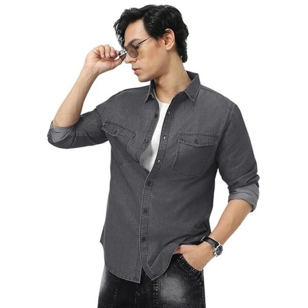 Men's Full Sleeve Regular Fit Casual Denim Shirt(Dark Grey)