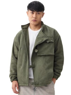Men and Boys Full Sleeves Mock Neck Hunter Green Solid Suede Oversized Fit Utility Pockets Lightweight Winter Jacket