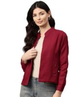 Women Maroon Lightweight Open Front Casual Blazer(Red)