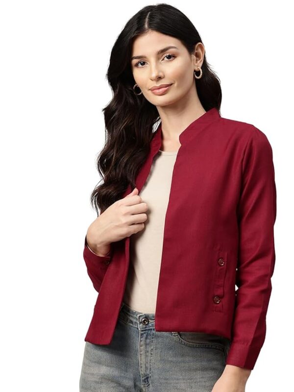 Women Maroon Lightweight Open Front Casual Blazer(Red)