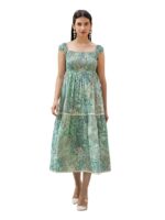 Women Fit And Flare Leaf Print Cotton Midi Dress