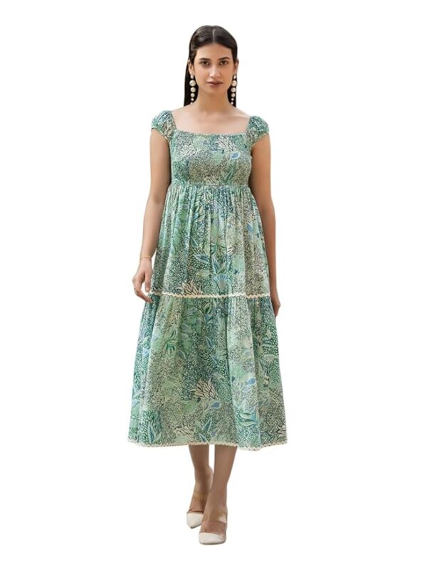 Women Fit And Flare Leaf Print Cotton Midi Dress