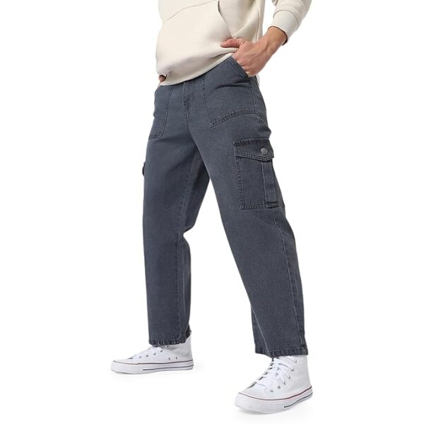 Men's Loose Mid Rise Baggy Fit Cargo Jeans with 6 Pockets Non-Stretchable( Grey)