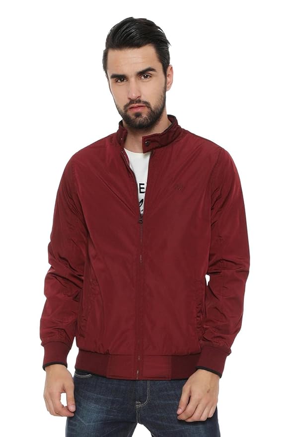 Maroon Men's Polyester Casual Jacket | Regular Fit High Neck | Standard Length