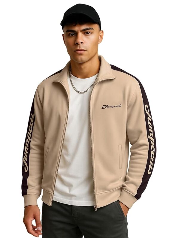 Printed || Sleeve Tape || Polo Neck || Full Sleeve || Fleece Jacket(Beige)