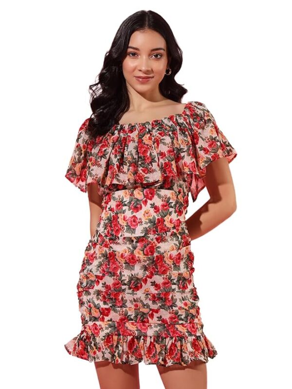 Women's Floral Ruched Mini Dress | Off-Shoulder Ruffle Neckline | Fully Lined Short Dress