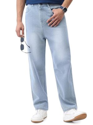 Ice Blue Men's Loose Baggy Fit Washed Jeans Non-Stretchable