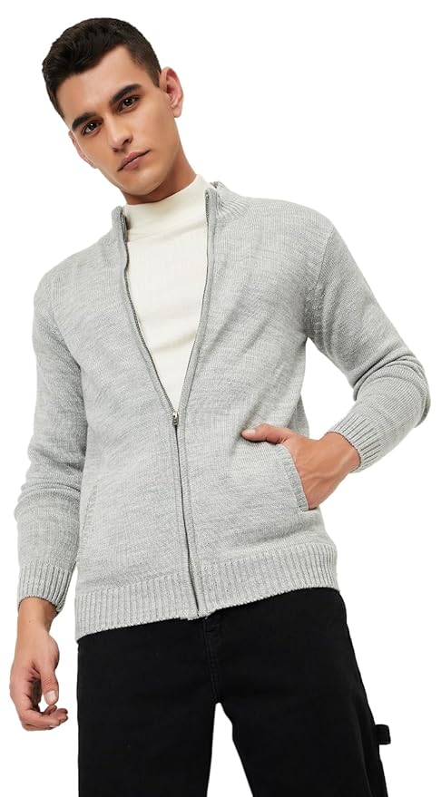 Men's Grey Acrylic Hooded Neck Casual Cardigan Sweater