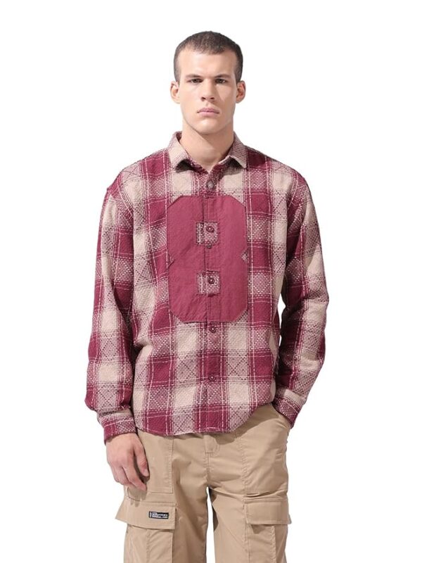 Maroon Men Relaxed Fit Checkered Full Sleeves Cutaway Collar Street Wear Shirt