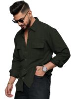 Men's Regular Fit Fancy Double Pocket Casual Shirt for Men Full Sleeves - Cargo(Black)