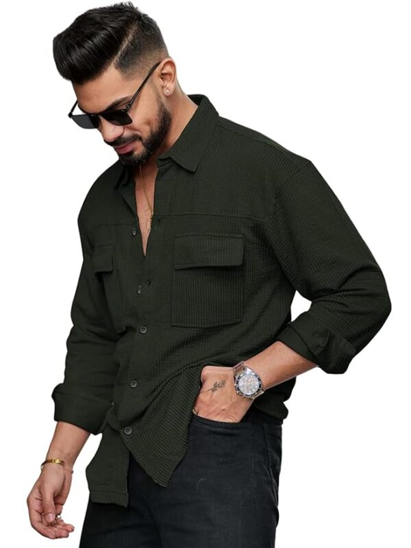 Men's Regular Fit Fancy Double Pocket Casual Shirt for Men Full Sleeves - Cargo(Black)