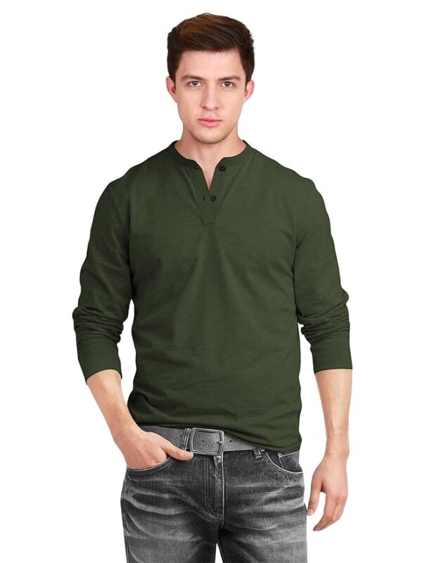 Men’s Cotton Full Sleeve Henley T Shirts for Men( Olive)