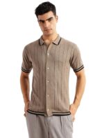 Regular Fit | Short Sleeves | Shirt Collar | Button Closure | Ribbed Hemline | Dry Clean | Striped | 100% Cotton(Beige)