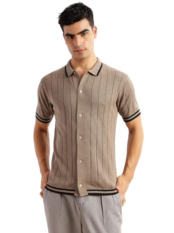 Regular Fit | Short Sleeves | Shirt Collar | Button Closure | Ribbed Hemline | Dry Clean | Striped | 100% Cotton(Beige)