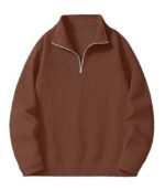 Men's Textured Half-Zip Short Sleeve Sweatshirt - Casual Summer Pullover Top(Coffee)