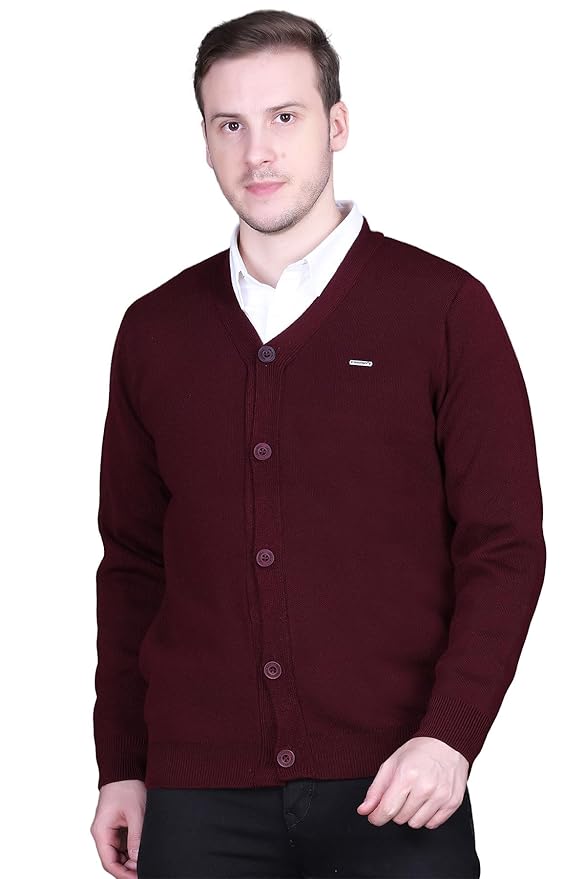 V Neck Cardigans for Men - Full Sleeve Woolen Sweater for Man Winter Wear(Wine)