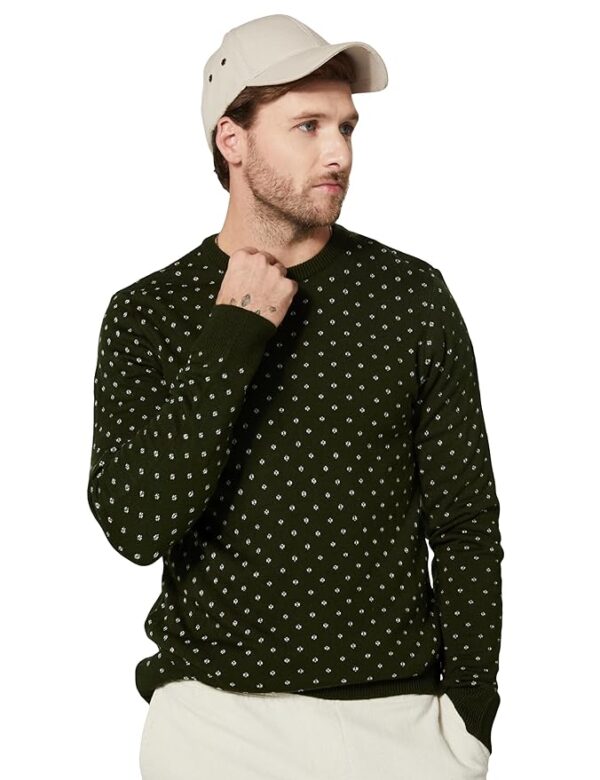 Men's Green Casual Acrylic Crew Neck Sweater