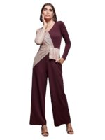 Wine Women's V-Neck Full Sleeve Embellished Asymmetric Regular Length Polyester Jumpsuit with Pockets