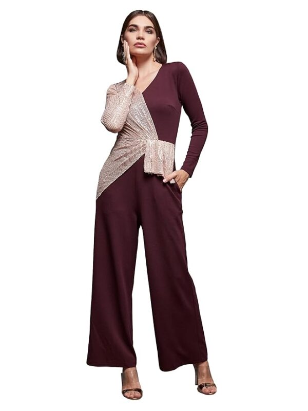 Wine Women's V-Neck Full Sleeve Embellished Asymmetric Regular Length Polyester Jumpsuit with Pockets