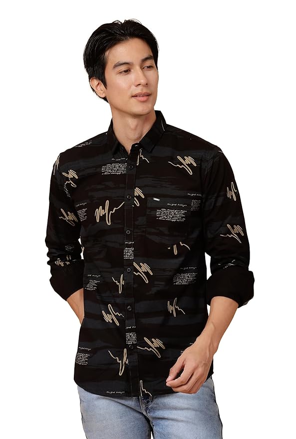Men's Cotton Slim Fit Printed Casual Shirt(Black)