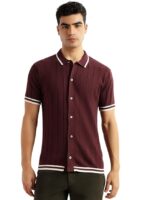 Regular Fit | Short Sleeves | Shirt Collar | Button Closure | Ribbed Hemline | Dry Clean | Striped | 100% Cotton(Maroon)