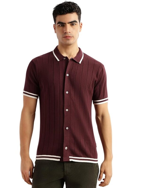 Regular Fit | Short Sleeves | Shirt Collar | Button Closure | Ribbed Hemline | Dry Clean | Striped | 100% Cotton(Maroon)
