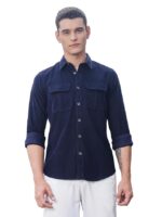Navy Men's Cotton Slim Fit Premium Corduroy Long Sleeve | Double Pocket | Spread Collar |Casual Shirt