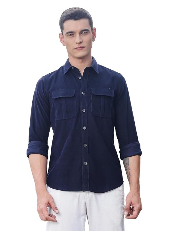 Navy Men's Cotton Slim Fit Premium Corduroy Long Sleeve | Double Pocket | Spread Collar |Casual Shirt