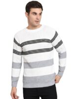Men's White Winterwear Woolen Striped Cardigans Sweaters