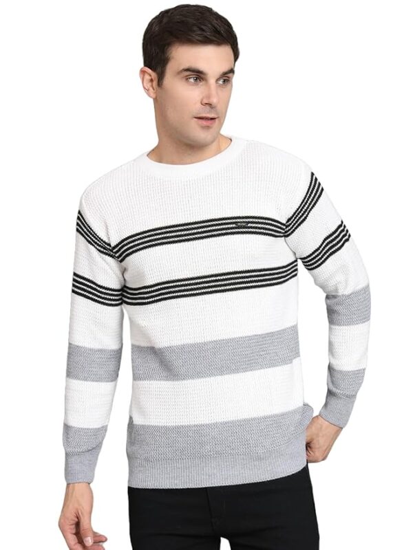 Men's White Winterwear Woolen Striped Cardigans Sweaters