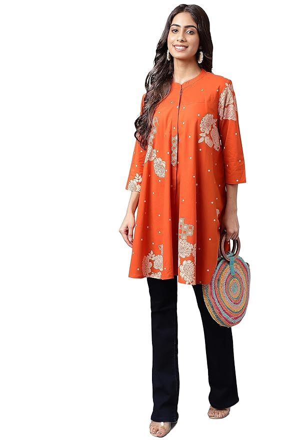 Women's Pure Cotton Floral Printed Flared Tunic(Orange)