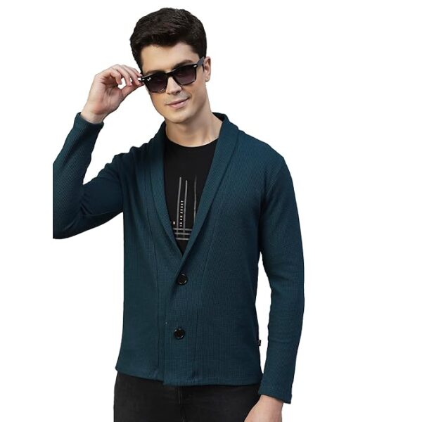 Teal Waffle Knit Shrug for Men | Full Sleeve, Shawl Collar Cardigan for Men | Best for Casual Wear, Fashion Wear Cardigan