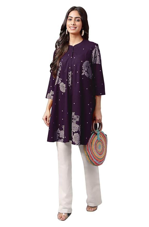 Women's Pure Cotton Floral Printed Flared Tunic(Purple)