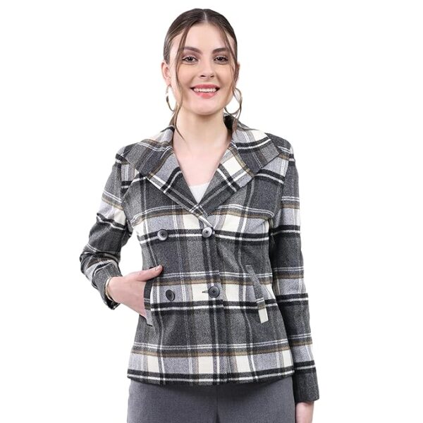 Women Regular Fit Notch Lapel Checkered Button Closure Full Sleeve Coat