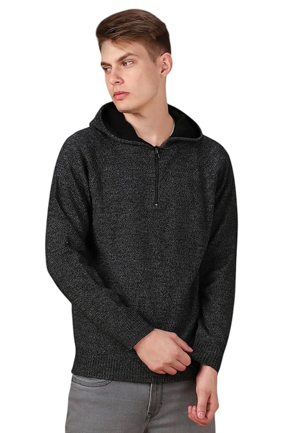 Solid Full Sleeves Hooded Acrylic Regular Fit Men Casual Sweater(Grey)