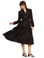 Women's Casual Full Sleeve Crepe Fit & Flare Dress | Comfortable Relaxed Fit Summer Party Dress(Brown & Black)