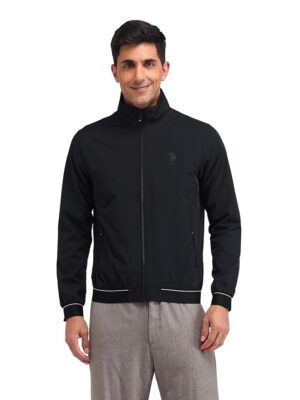 Men's Black Color-Block High neck Long Sleeve Casual Polyester Regular Fit Jacket